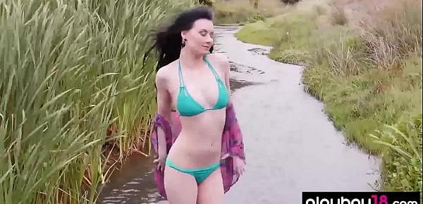  Pale skinned Skylar strips out of her bikini outdoor
